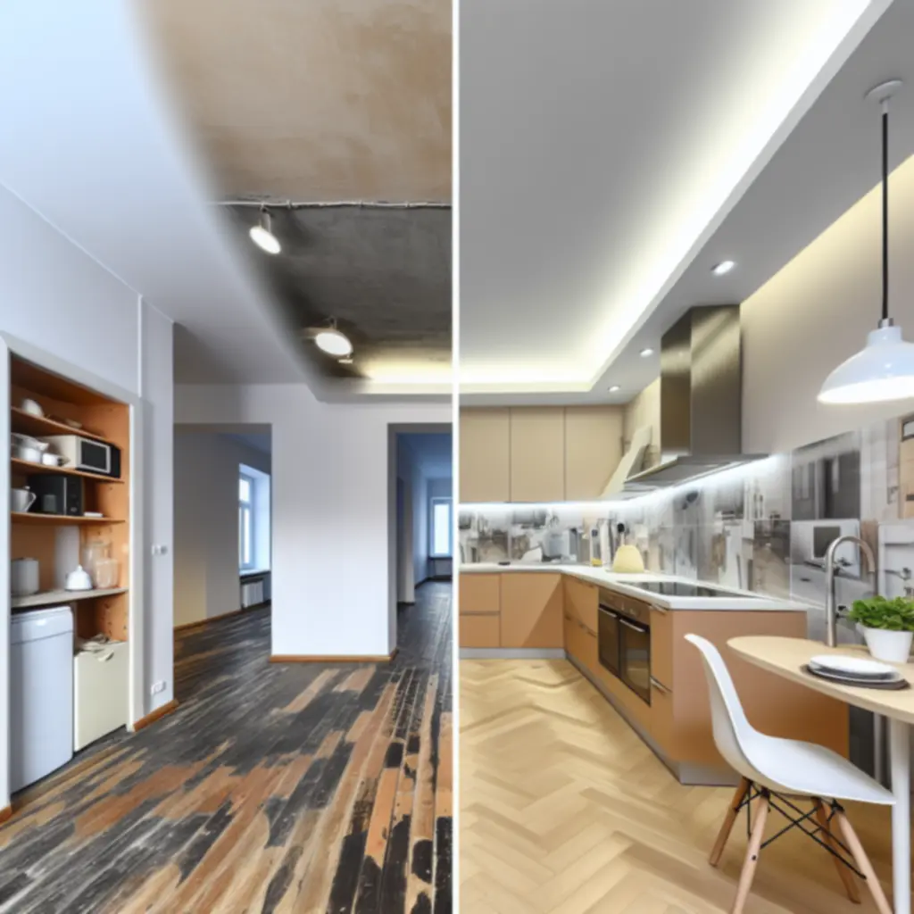 Side-by-side comparison of a home before and after renovation