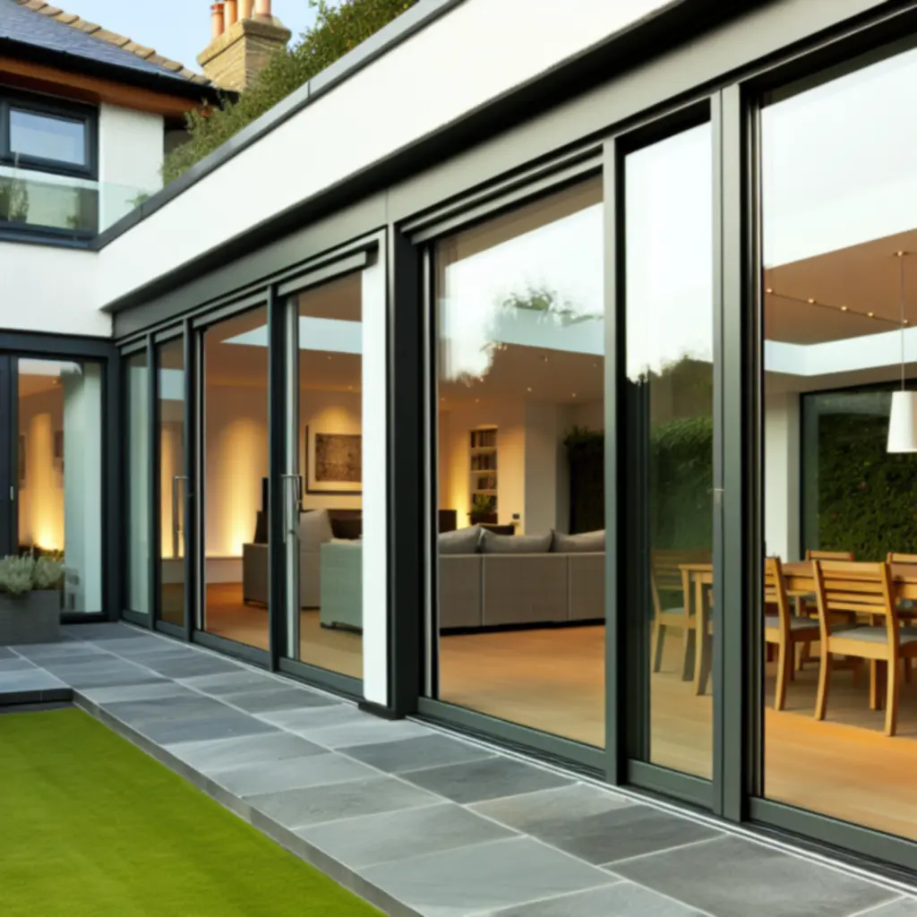 Contemporary rear house extension with large glazing opening onto a landscaped garden