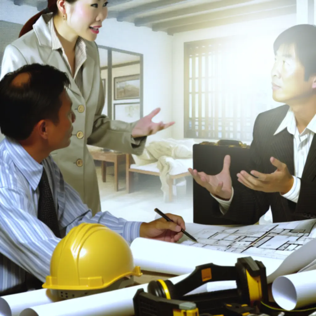 Contractor and homeowner discussing building plans at a table