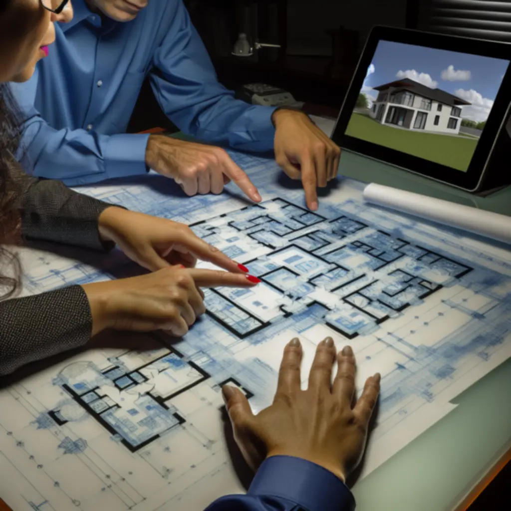 Architect and construction team reviewing blueprints and design concepts