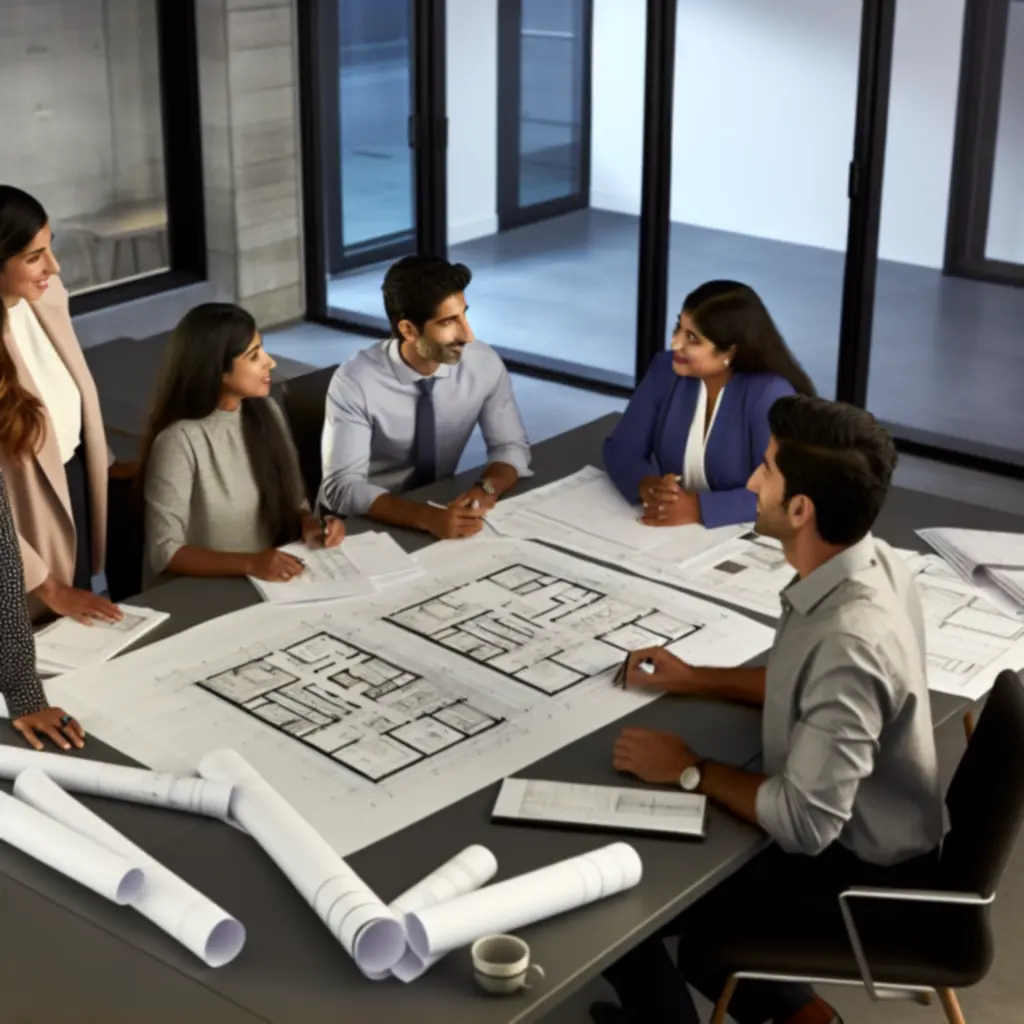 TRF CONSTRUCTION LTD team reviewing construction plans around a table